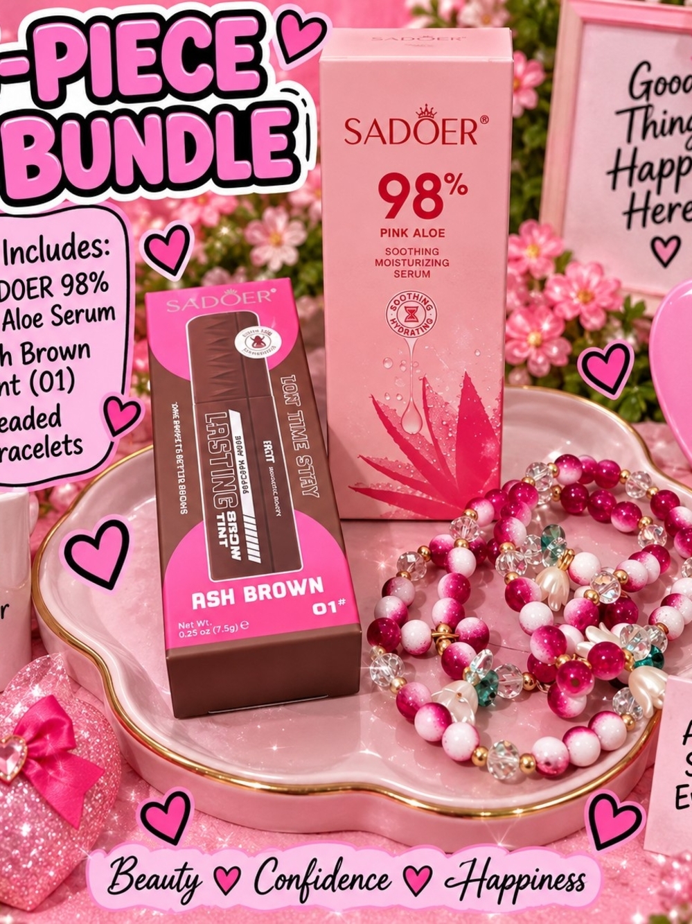 5 Peice Bundle Sadoer 98% Pink Aloe, Brow Tint & 3 Bracelets